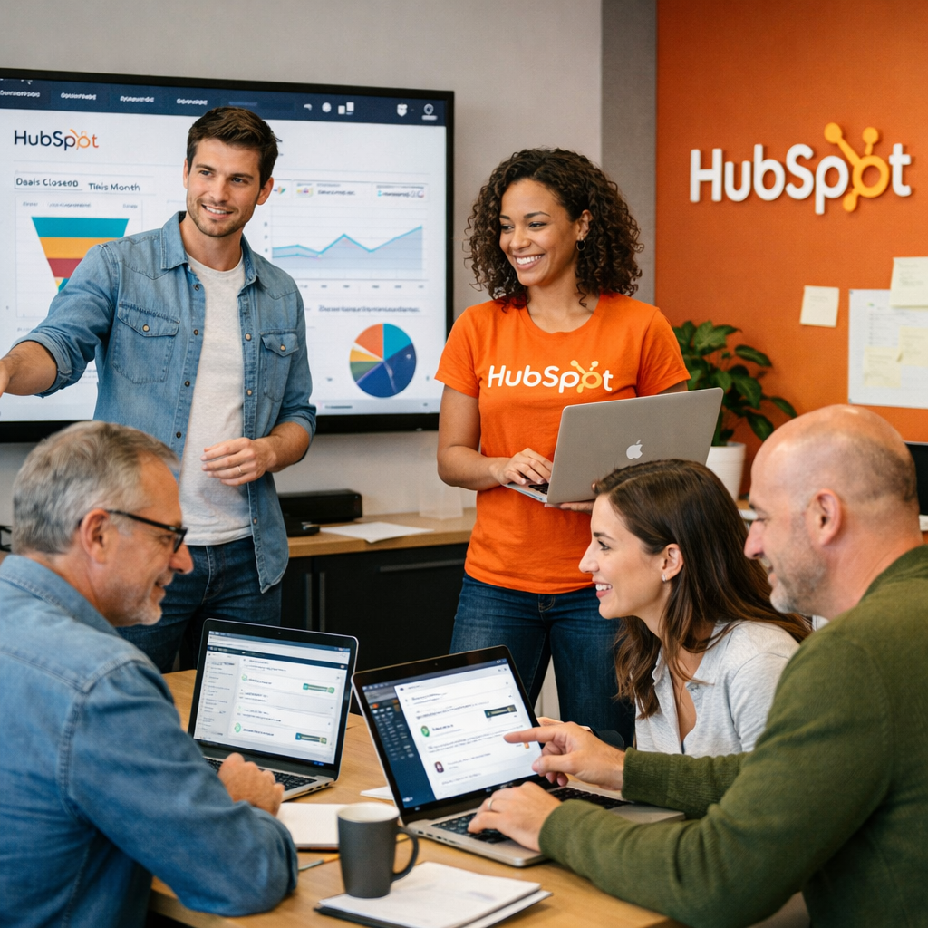 deux personnes qui forment et accompagnent quelques clients sur hubspot