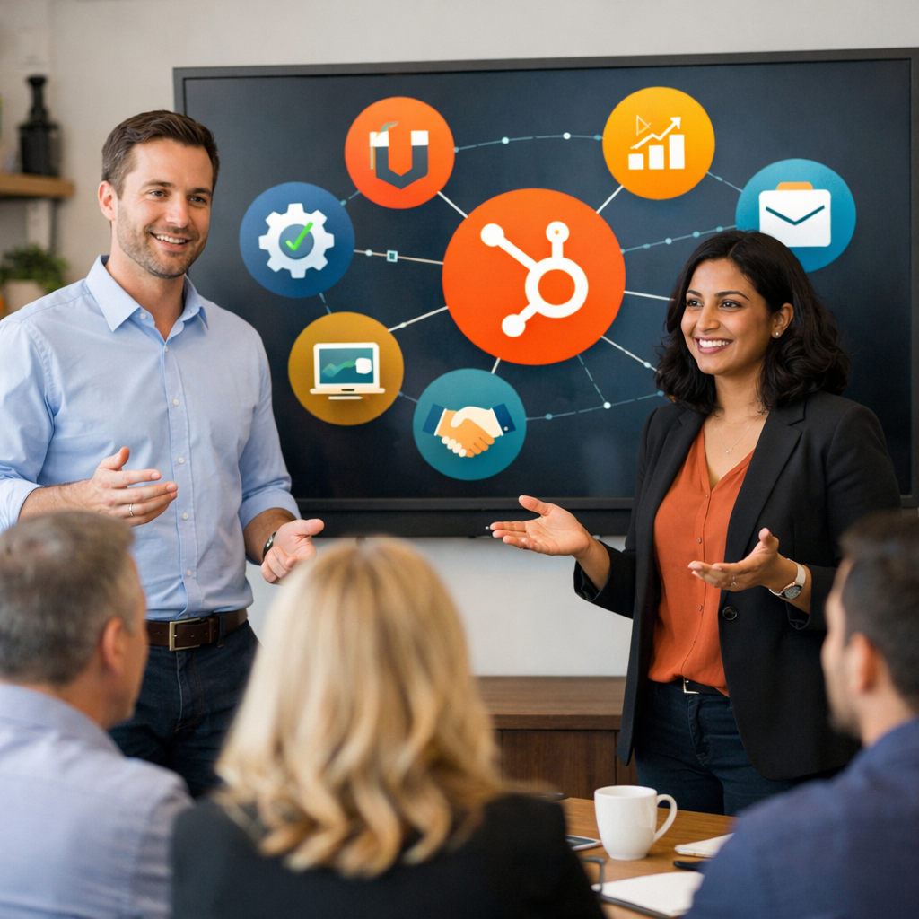 deux personnes qui parlent devant un écran à des clients pour leur montrer les bénéfices de l'outil