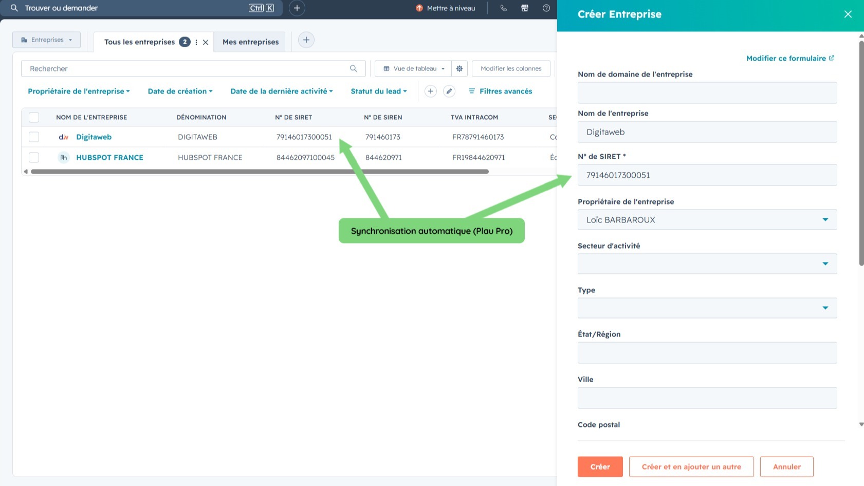 Synchronisez automatiquement à chaque modification de SIRET (Plan Pro)