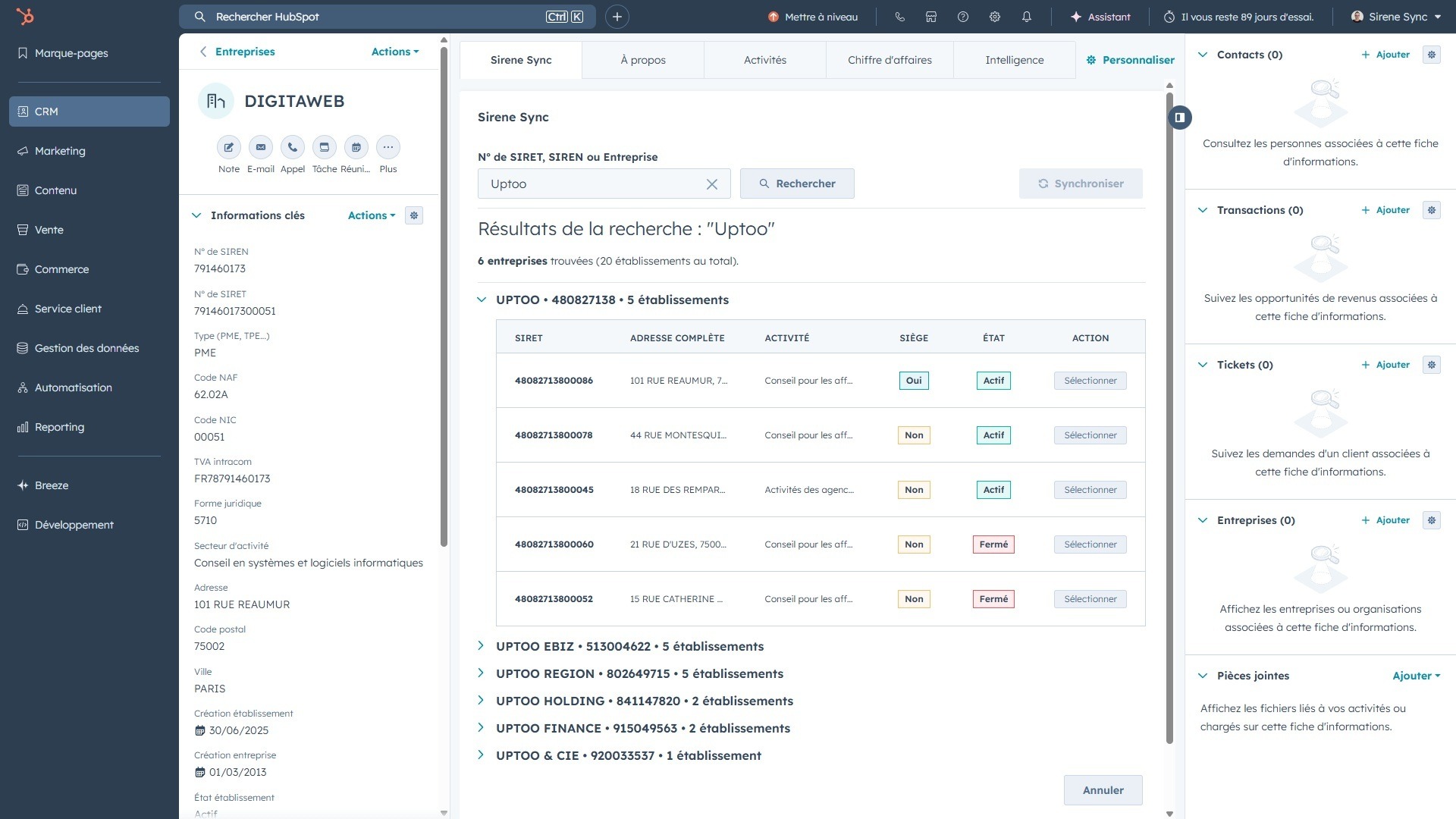Recherche par N° de SIRET, N° de SIREN, et Entreprise
